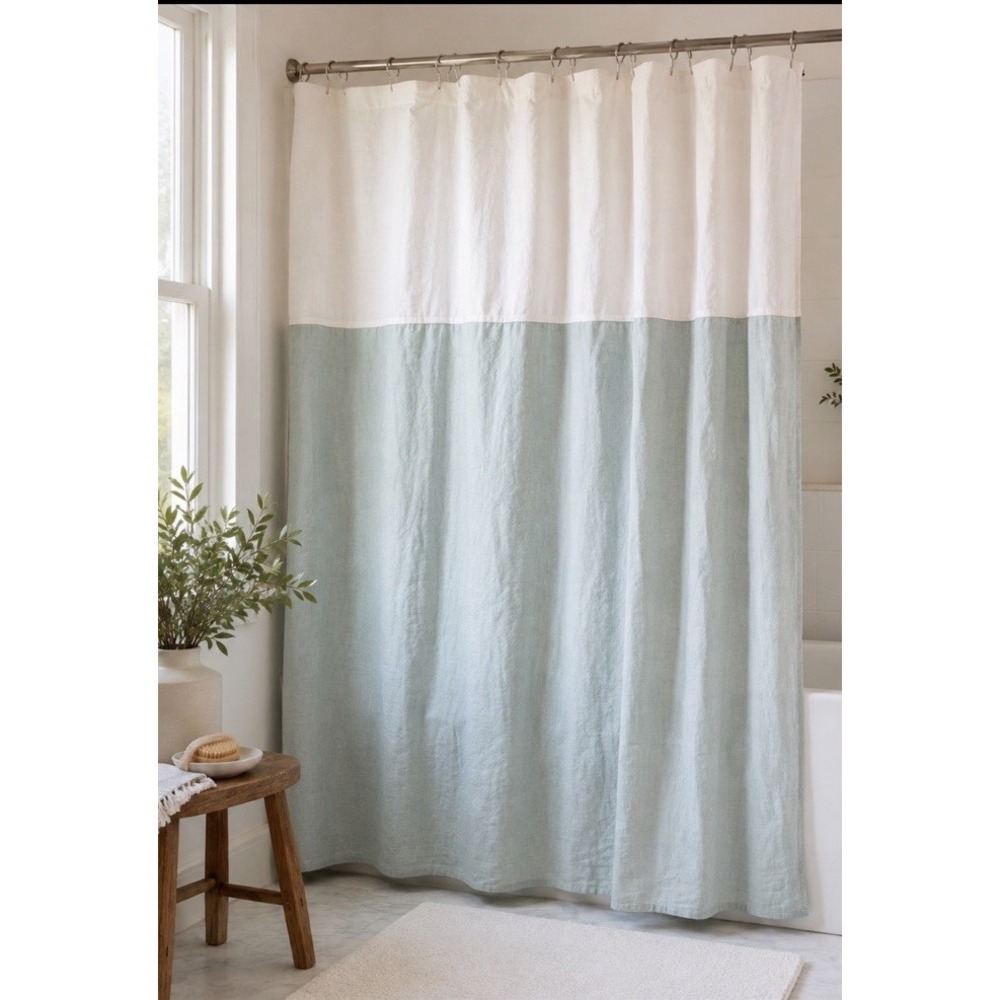 100% Linen Shower Curtain Seagreen White Colorblock Coastal Cottage NEW 70"x68"